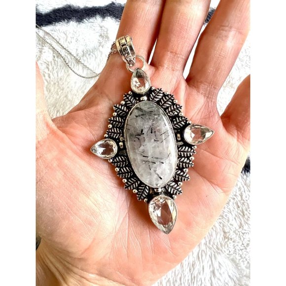 Handmade Jewelry - 925 Starburst Tourmalated Black Rutile Rutilated Quartz + Topaz Pendant Necklace